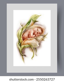 Bebê inocente dorme em broto flor simbolizando fertilidade na arte da parede. Imprimir com processo de nascimento de bebê na planta para concepção de metáfora, em quadro com decoração para cartaz