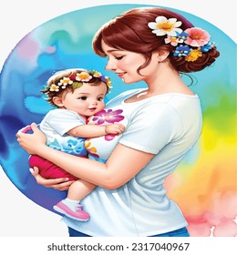 Innocent Bliss: Watercolor Art Design Featuring a Mother and Baby