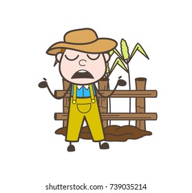 Innocent Cartoon Farmer Surprised Behavior Vector Illustration
