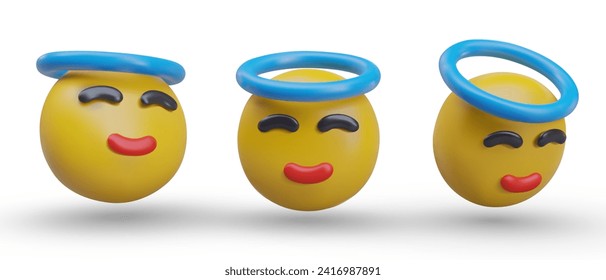 Innocent character, angelic behavior. Set of 3D emoticons with blue halo. Round yellow head is smiling sweetly. Pretending not to be involved. Prayer, blessing