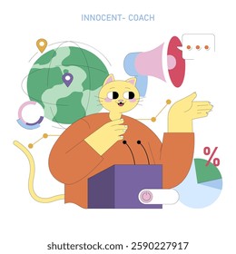 Innocent Coach concept. A whimsical cat character shares knowledge through engaging presentation, emphasizing guidance and encouragement for personal growth and development. The illustration contains