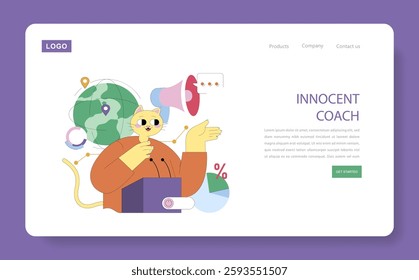 Innocent Coach illustration. A playful feline character engages audiences while showcasing themes of guidance and communication. The fusion of global and analytical elements enriches learning and