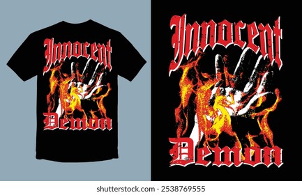 Innocent Demon, fire and hand t shirt design.