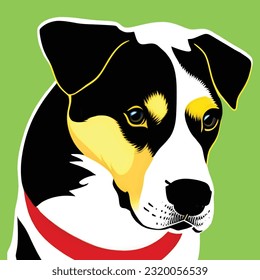 Innocent Dog face looking downward. Cute dog mascot series. Dog wears red neckless. Pet shop vector logo.