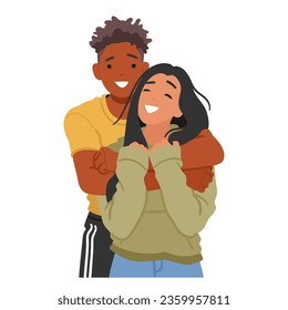 Innocent Embrace, A Young Boy And Girl Share A Warm, Friendly Hug, Male and Female Character Radiating Smiles And Genuine Affection Between Close Friends. Cartoon People Vector Illustration