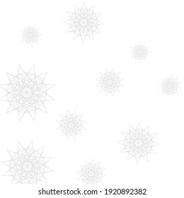 Innocent Frost Chaotic Sharp Composition. Grey Ice Snowflakes Mystery Silver Sky Background. Cold White Christmas Stars Winter Pattern. New Year Monochrome Luxury Print Mandala Illustration.