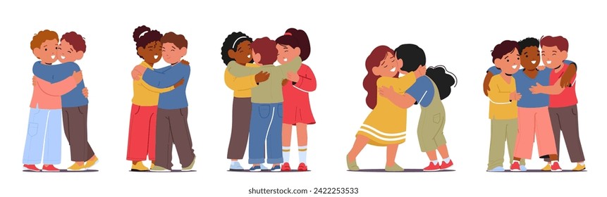 Innocent Giggles And Genuine Smiles, Kids Friends Embrace In A Warm Hug. Little Diverse Boy and Girl Characters Radiating Joy And Forming Bonds That Last A Lifetime. Cartoon People Vector Illustration