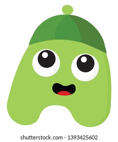 An innocent green monster with a green round hat vector color drawing or illustration