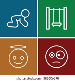 innocent icons set. Set of 4 innocent outline icons such as baby crawl, swing, emoji angel