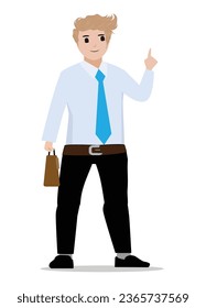 An innocent, intelligent, happy, good-looking business vector character who is meeting with business people. 