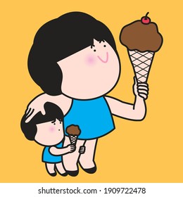 Innocent Kid With Small Ice Cream Cone Versus Happy Adult With Giant Size Ice Cream Cone And Cherry On Top Concept Card Character illustration