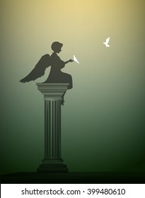 innocent kind, small girl angel sitting on the column and touching the white pigeon, one day of statue life