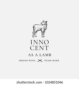 Innocent as a Lamb. Abstract Vector Sign, Symbol or Logo Template. Hand Drawn Lamb Sillhouette with Retro Typography. Vintage Luxury Merino Wool Vector Emblem. Isolated.