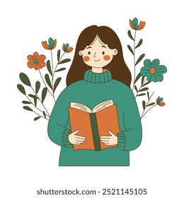 Personaje inocente de la muchacha del nerd que lee un libro con la decoración floral de la flor