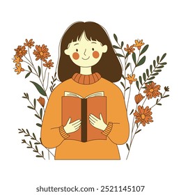 Personaje inocente de la muchacha del nerd que lee un libro con la decoración floral de la flor