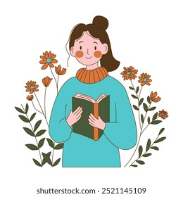 Personaje inocente de la muchacha del nerd que lee un libro con la decoración floral de la flor