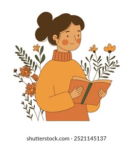 Personaje inocente de la muchacha del nerd que lee un libro con la decoración floral de la flor