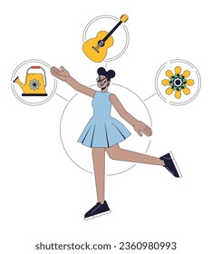 Innocent person archetype flat line concept vector hero illustration. Peaceful african american woman 2D cartoon outline character on white for web UI design. Editable isolated color hero image