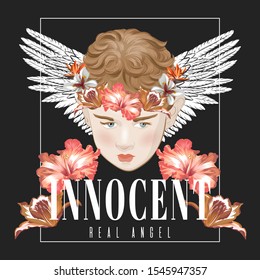 Innocent. Real angel. Vector hand drawn illustration of boy with flowers isolated. Creative  artwork. Template for card, poster, banner, print for t-shirt, pin, badge, patch.