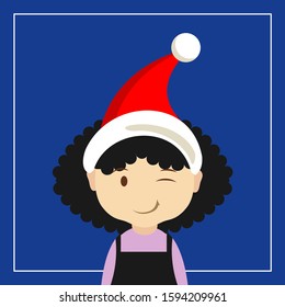 The innocent woman wearing a Santa Claus hat is winking in one eye