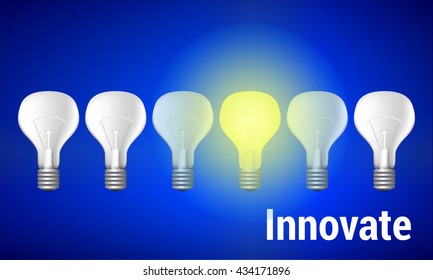 Innovate concept vector illustration with place for text, conceptual image for innovation and advantage, template with lighting incandescent bulb, filament bulb line with shining lamp bulb and glow