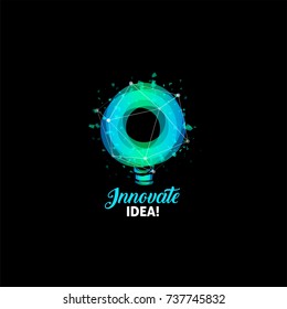 Innovate Idea Logo, Light Bulb Abstract Vector Icon. Isolated Blue And Green Color Round Shape, Stylized Lamp  With Text. Digital Innovation Technology Vector Illustration.