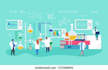 Innovate laboratory research, vaccine formulation vector illustration. Medical scientists conducting chemical experiment creating medicine. Cones with reagents, liquid, connecting tubes.