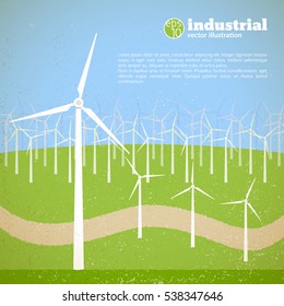 Innovatiive energy system template with wind generators in field on light background vector illustration