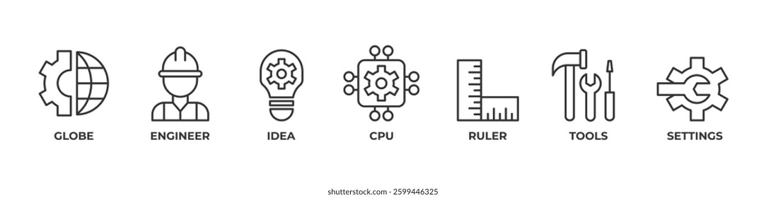 Innovating the World  Icons set vector illustration with globe, engineer, idea, cpu, ruler, tools, settings