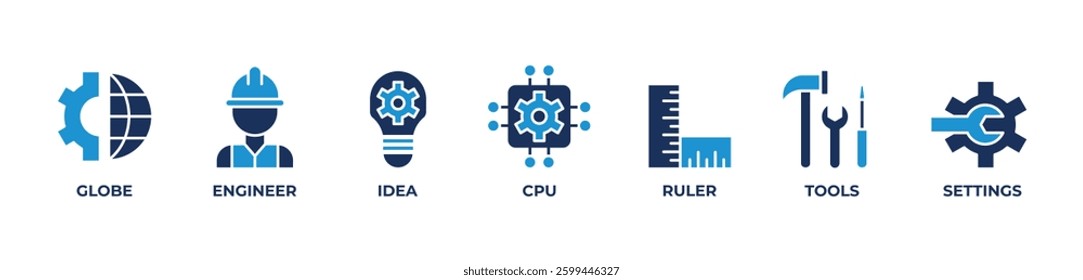 Innovating the World  Icons set vector illustration blue with globe, engineer, idea, cpu, ruler, tools, settings