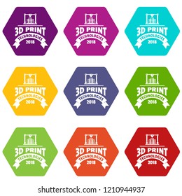 Innovation 3d printing icons 9 set coloful isolated on white for web