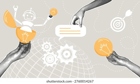 Innovation, artificial intelligence, and global business development strategy. Trendy halftone collage. Human hands holding a light bulb and a robot with a gear against a globe. Creative concept for a