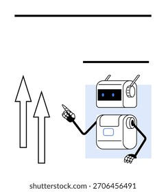 Innovation, künstliche Intelligenz, Wachstum, Automatisierung, technologische Weiterentwicklung, Datenfortschritt. Roboter, der in einem minimalistischen Stil auf die Aufwärtspfeile zeigt. Innovation und Konzept der künstlichen Intelligenz