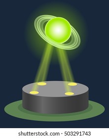 Innovation Astronomy museum center Saturn hologram on illuminated pedestal. Future technology education physics lesson. Vector illustration