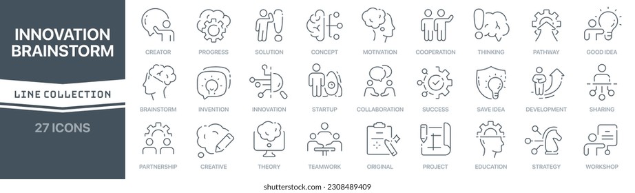 Innovation and brainstorm linear signed icon collection. Signed thin line icons collection. Set of innovation and brainstorm simple outline icons