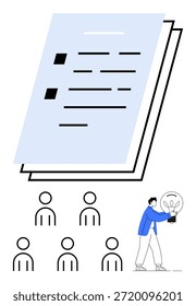 Lluvia de ideas de innovación, colaboración en equipo, generación de ideas, planificación de negocios, liderazgo, desarrollo estratégico. Papeles y una persona con una bombilla entre un grupo de personas. Innovación