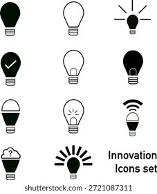 Conjunto de iconos vectoriales de bombillas de innovación con conceptos creativos de bombillas combinadas con cerebro, ondas de señal, líneas de conexión y símbolos de ideas. Iconos modernos de estilo plano y de contorno que representan creatividad, pensamiento inteligente, tecnología, ideas de inicio, lluvia de ideas, inteligencia artificial y soluciones de innovación. Adecuado para Diseño web, App móviles, presentaciones, infografías, branding y proyectos de marketing digital. Ilustración vectorial totalmente editable.
