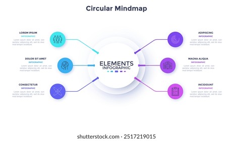 Innovation in business and commerce circle mindmap with 6 steps infographic design template. Communication technology in company. Round chart with icons and text. Visual data presentation material