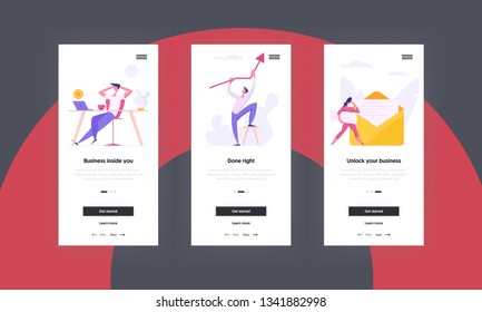 Innovation Business Concept Mobile App Page Screen Set. People Characters. Relax Businessman, Woman with Envelope and Man Holding Arrow Going Up for Website Web Page. Flat Cartoon Vector Illustration
