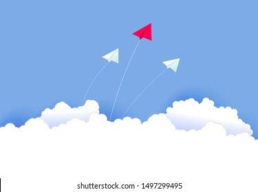 Innovation business concept paper airplane flying on blue sky. Creative teamwork art idea. Strategy leader, boss, manager, winner vision for banner, poster, cover. Vector illustration