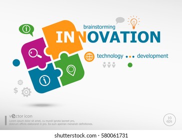 Innovation business concept word cloud on colorful jigsaw puzzle. Infographic business for graphic or web design layout 