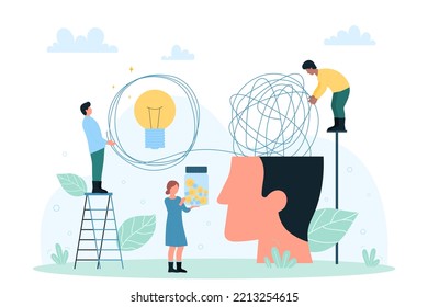 Innovation, business development of corporate assets, skills management vector illustration. Cartoon tiny people unravel tangled knot and chaos in abstract human head, holding lightbulb. Idea concept