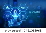 Innovation. Business innovative idea and solution technology concept. Creative Idea, inspiration. Brainstorming. Creative Thinking. Wireframe hand touching digital interface. Vector illustration.
