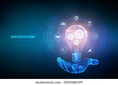 Innovation. Business innovative idea and solution concept. Creative Idea, inspiration. Brainstorming. Creativity. Light bulb with gears cogs inside in hand. Creative Thinking. Vector illustration.