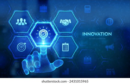 Innovation. Business innovative idea and solution technology concept. Creative Idea, inspiration. Brainstorming. Creative Thinking. Wireframe hand touching digital interface. Vector illustration.