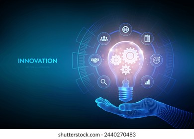 Innovation. Business innovative idea and solution concept. Creative Idea, inspiration. Brainstorming. Creativity. Light bulb with gears cogs inside in hand. Creative Thinking. Vector illustration.