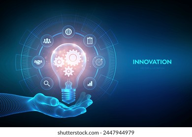 Innovation. Business innovative idea and solution concept. Creative Idea, inspiration. Brainstorming. Creativity. Light bulb with gears cogs inside in hand. Creative Thinking. Vector illustration.