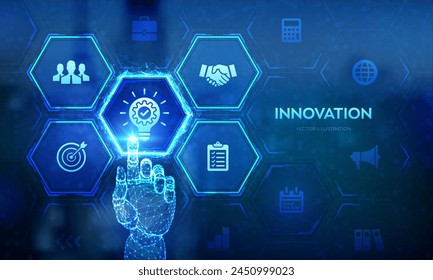 Innovation. Business innovative idea and solution technology concept. Creative Idea, inspiration. Brainstorming. Creative Thinking. Wireframe hand touching digital interface. Vector illustration.