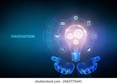 Innovation. Business innovative idea and solution concept. Creative Idea, inspiration. Brainstorming. Creativity. Light bulb with gears cogs inside in hands. Creative Thinking. Vector illustration.