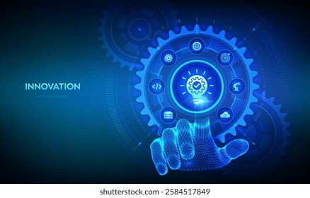 Innovation. Business innovative idea and solution technology concept. Creative Idea. Brainstorming. Creative Thinking. Hand touching digital interface with connected gears cogs and icons. Vector.